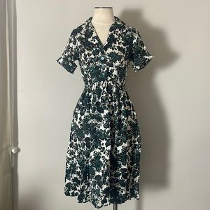 Vintage 1960’s Cream, Teal, Black Floral Collared Dress - Day or Evening Dress